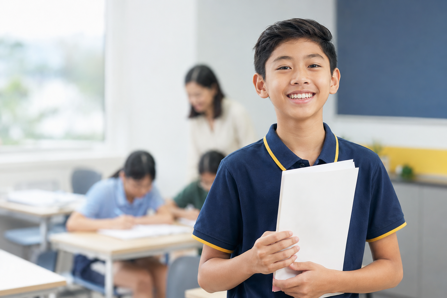 Happy primary school student feeling proud and confident after making academic progress