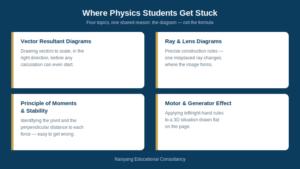 Four Physics topics that trip up Secondary 3 and 4 students: vector resultant diagrams, ray and lens diagrams, principle of moments and stability, and motor and generator effect